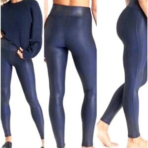 SPANX SPANXshape Faux Leather Leggings Navy Medium Slimming Wide Waistband MINT!